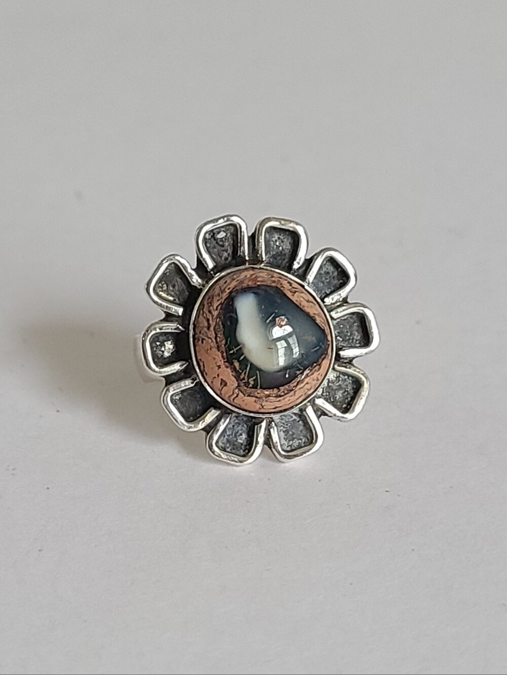 Vintage Style Chunky Boho Sterling Silver Gemstone Sunflower Statement Ring